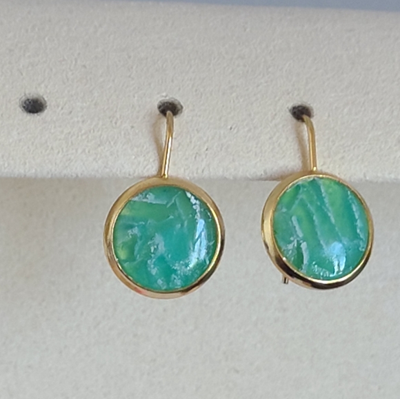 Hand Crafted Boho Gold Green Jade Gemstone Circle Drop Dangle Earrings - Picture 4 of 10